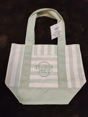 Limited Edition Trader Joe's Mini Embroidered Striped Sage-Green Canvas Bag